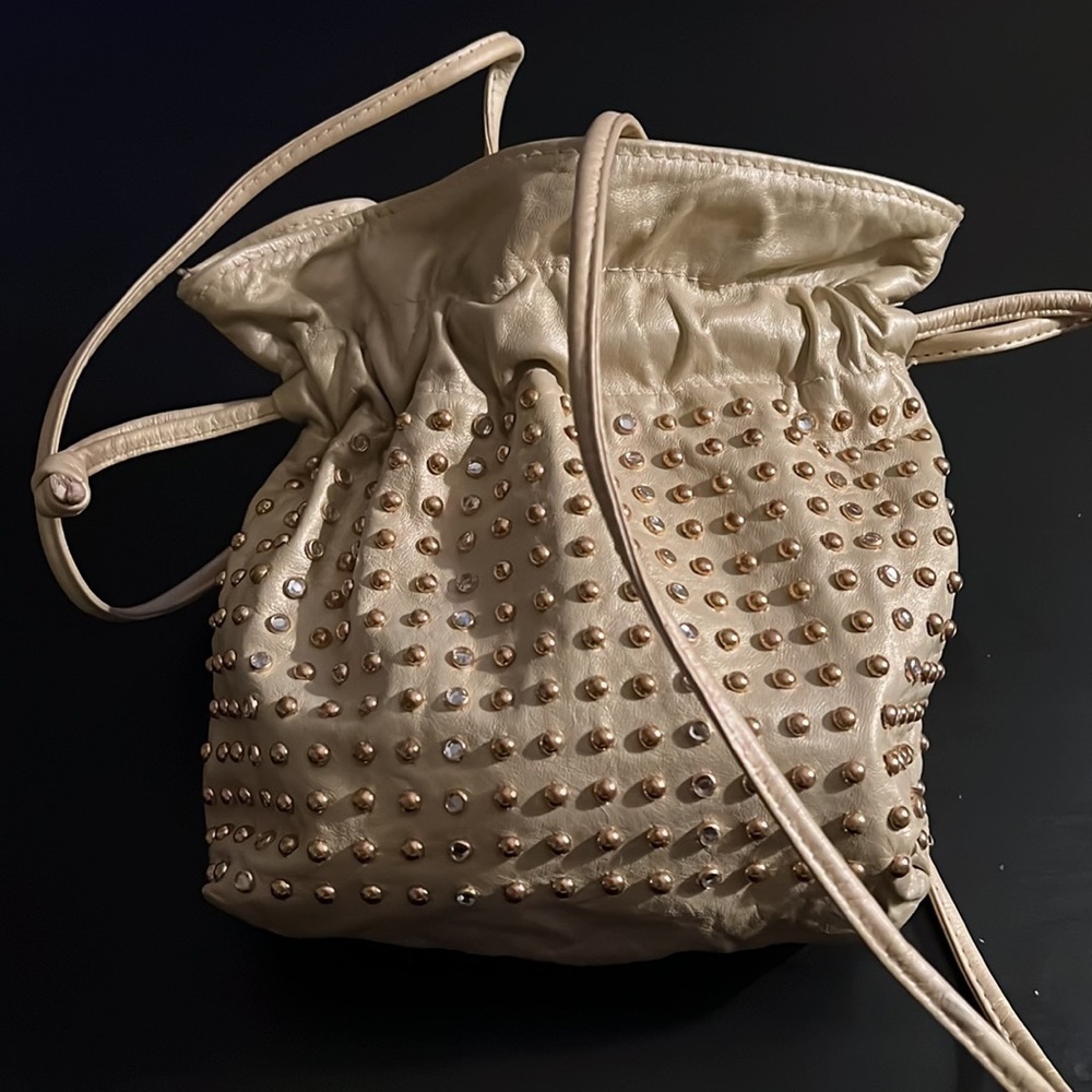 Dawli leather handbag Vintage beaded gold handbag drawstring shoulder‎ strap